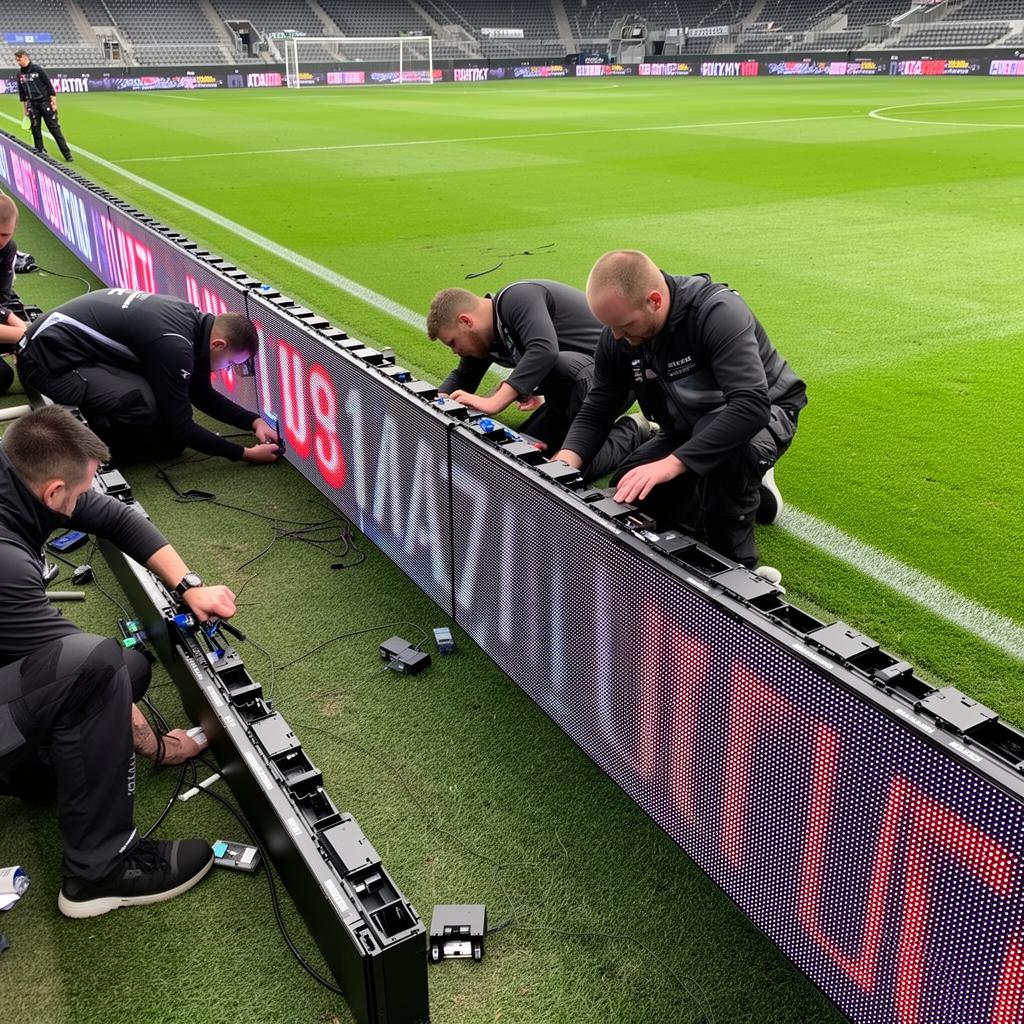 Technical installation of LED perimeter screens at stadium